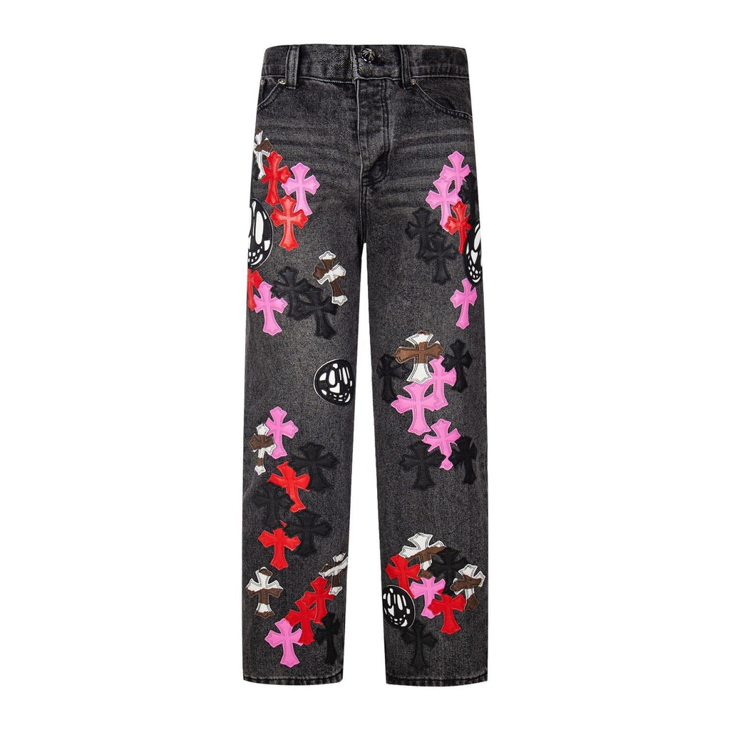 Chrome Hearts Multi Cross Patch Denim Jeans - Grey Gothic Street Pants 1111