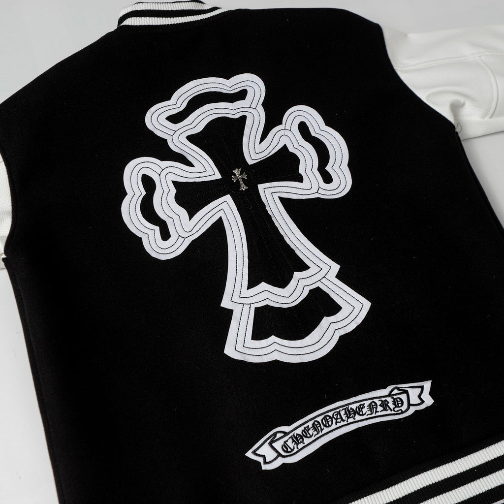 Chrome Hearts Layered Cross Varsity Jacket - Black White Street Style Outerwear 2208